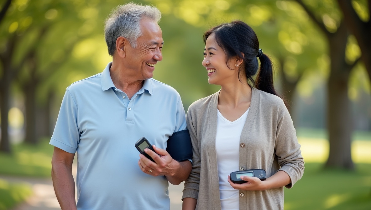 60대 검정 머리 아시아 남성과 여성이 함께 웃으며 공원을 나란히 걷는 모습. 한 명은 디지털 혈압계를, 다른 한 명은 혈당 측정기를 들고 있음.