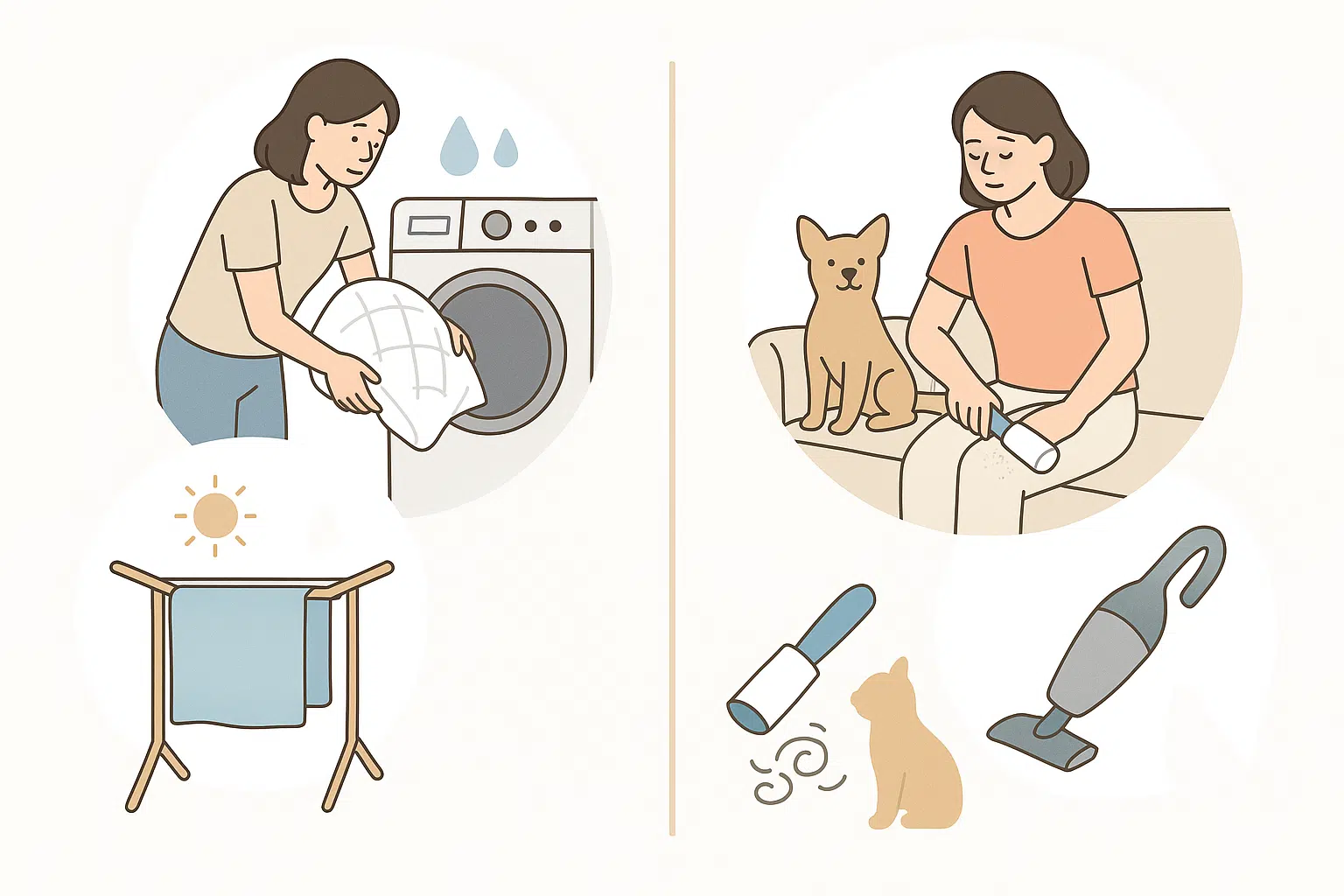 침구류를 세탁하는 모습, 반려동물 털을 청소하는 장면