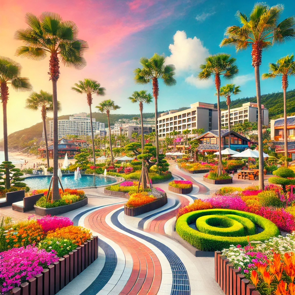 제주도 중문관광단지의 잘 가꿔진 공원과 화려한 꽃, 야자수, 현대식 리조트 배경