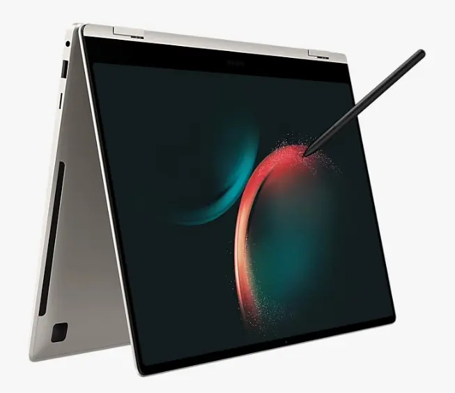 갤럭시북3-프로-360-모델-형상으로-삼성펜을-사용하고-있는-모습이며-반으로-접혀-있는-형상