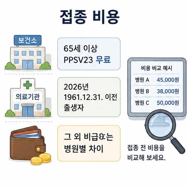2026년 65세 이상 국가 폐렴구균 접종은 무료이며 그 외 비급여 접종은 의료기관별 비용이 다르다는 내용을 정리한 이미지