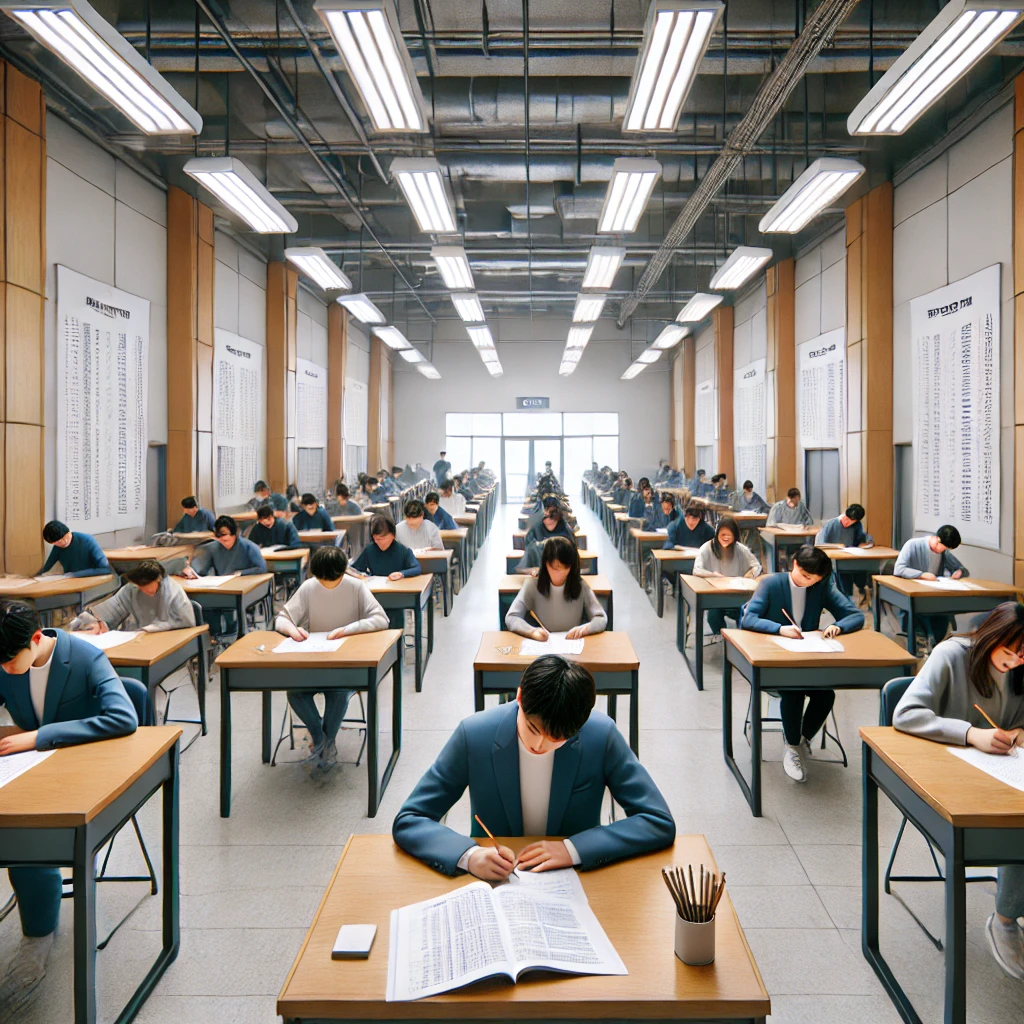 시험장에서 각자 책상에 앉아 한국사 능력 검정시험을 치르는 응시자들. 정돈되고 전문적인 시험 환경