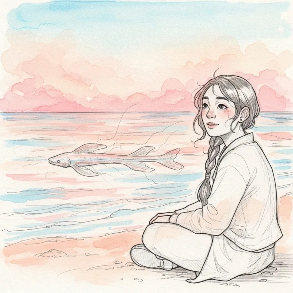 바다를 보며 상상의 산갈치를 그리는 사람