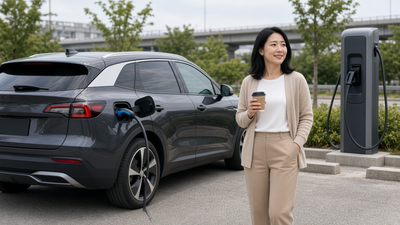 고속도로 휴게소 급속충전기에 연결된 전기 SUV 옆에서 커피를 든 30대 한국인 여성