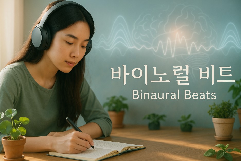 뇌파 패턴을 형상화한 추상적 배경 위에 &quot;바이노럴 비트(Binaural Beats)&quot;라는 텍스트가 중앙에 선명하게 삽입되어 있다. 파란색과 보라색 계열의 음파 이미지가 뇌의 진동 주파수를 시각적으로 표현하며, 집중력, 수면 유도, 명상 효과를 상징한다. 이 이미지는 바이노럴 비트와 뇌파 사운드를 통한 정신 건강 개선과 집중력 향상 콘텐츠를 직관적으로 나타낸다.