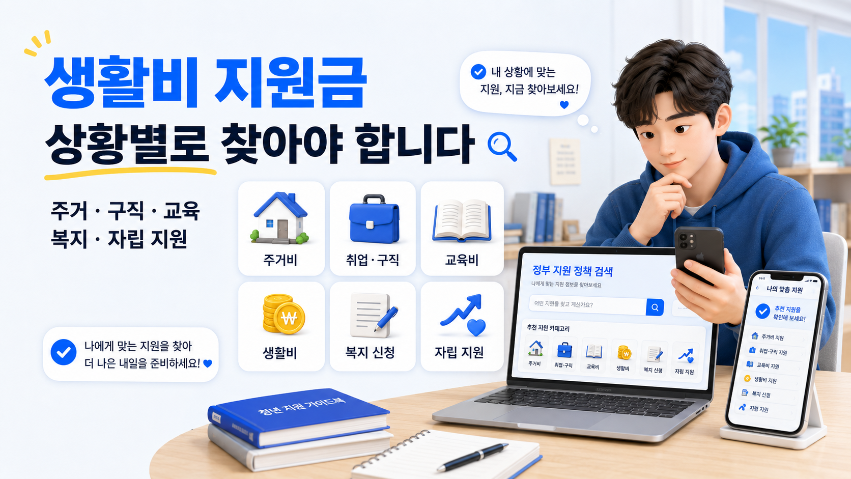 청년 생활비 주거 구직 교육 지원정책을 온라인으로 검색하는 모습