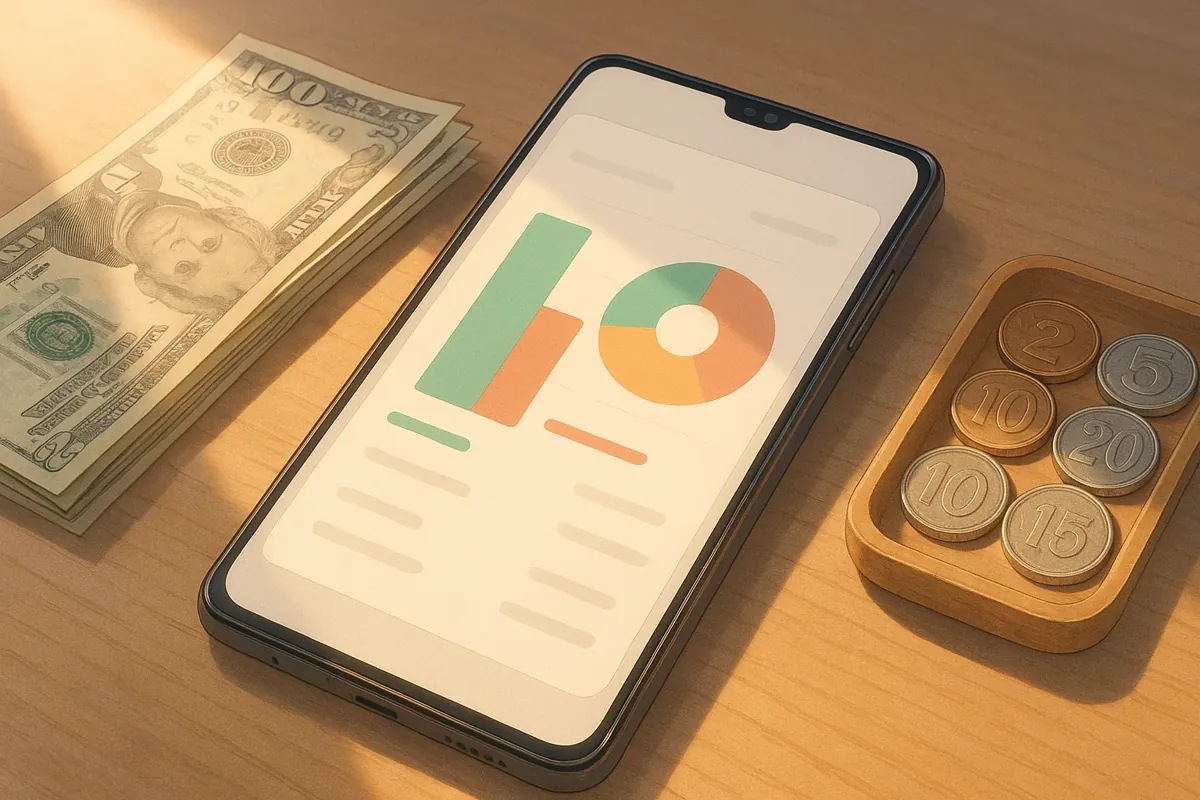 스마트폰 화면에 가계부 앱과 그래프가 표시된 모습, 배경에는 동전과 지폐가 깔끔하게 정리된 이미지