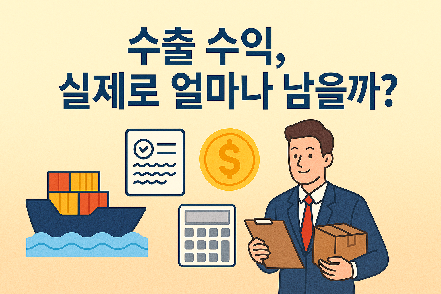 "미국 수출 관세와 수출 수익 계산을 안내하는 무역 관련 썸네일, 선박과 컨테이너가 배경이며 밝은 톤으로 수출 수익 총정리 문구가 들어간 이미지"
 title="미국 수출 관세와 수출 수익 계산 총정리"