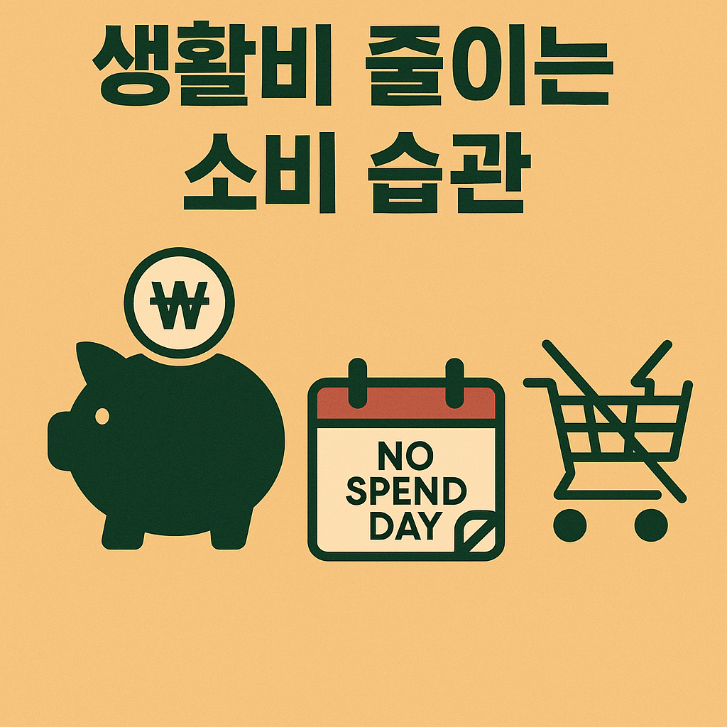 절약을 주제로 한 플랫 스타일 일러스트. 돼지 저금통, 절약 표시가 있는 쇼핑카트, 무지출 데이를 상징하는 달력이 함께 배치되어 있으며, 상단에는 '생활비 줄이는 소비습관'이라는 문구가 한국어로 적혀 있는 블로그용 썸네일 이미지.