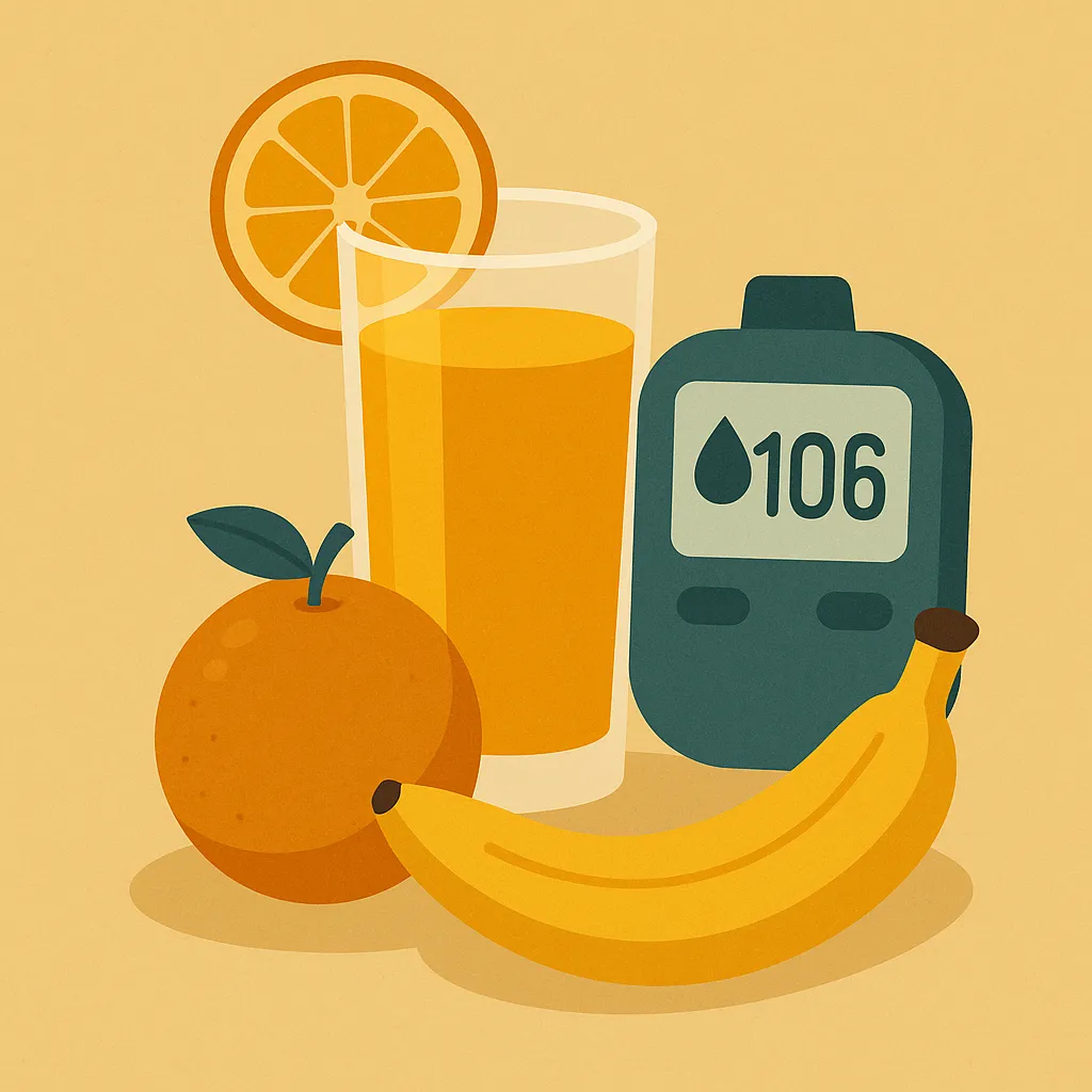 아침에-과일-주스를-마셨을-때-혈당에-미치는-영향을-표현한-일러스트로,-주스와-과일,-혈당측정기가-함께-배치되어-건강과-당분-섭취의-균형을-상징적으로-묘사함.