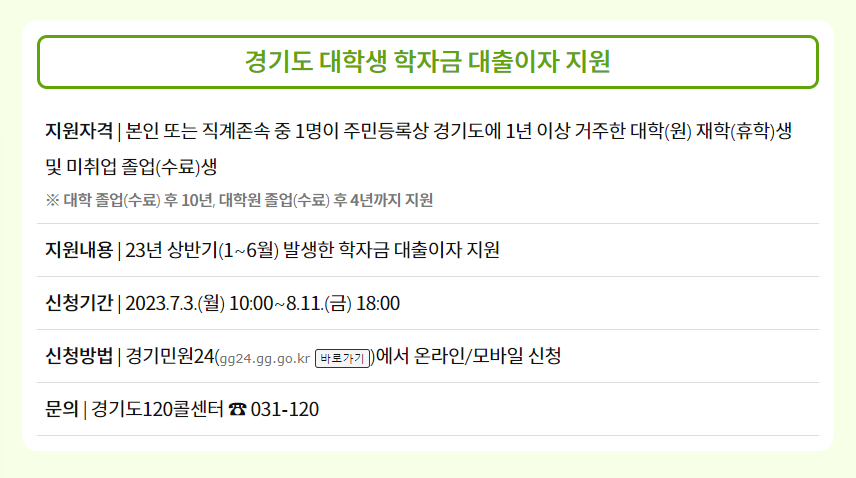 경기도에 사는 누구나 누려야 할 기회! 경기도 대학생 학자금 대출이자 지원 사업의 상세내용
