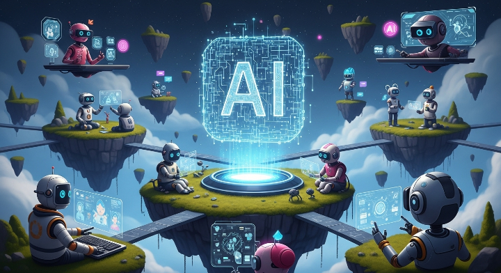 미래를 보는 듯한 로봇들이 우주선 같은 곳에서 서로간 소통을 하고 있는 장면인데 네트워크를 강조하기 위한 이미지로 보입니다.