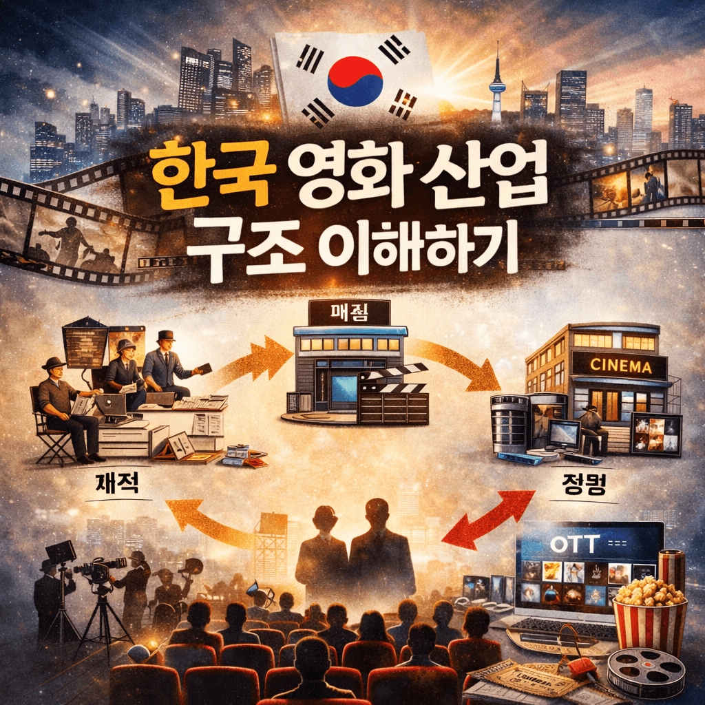 한국 영화 산업의 구조를 설명하는 인포그래픽 이미지로, 태극기와 서울 도시 배경 위에 ‘한국 영화 산업 구조 이해하기’라는 제목이 강조되어 있으며 제작, 배급, 상영, OTT 플랫폼과 관객 흐름이 화살표로 연결되어 한국 영화 산업의 순환 구조를 시각적으로 표현하고 있다.