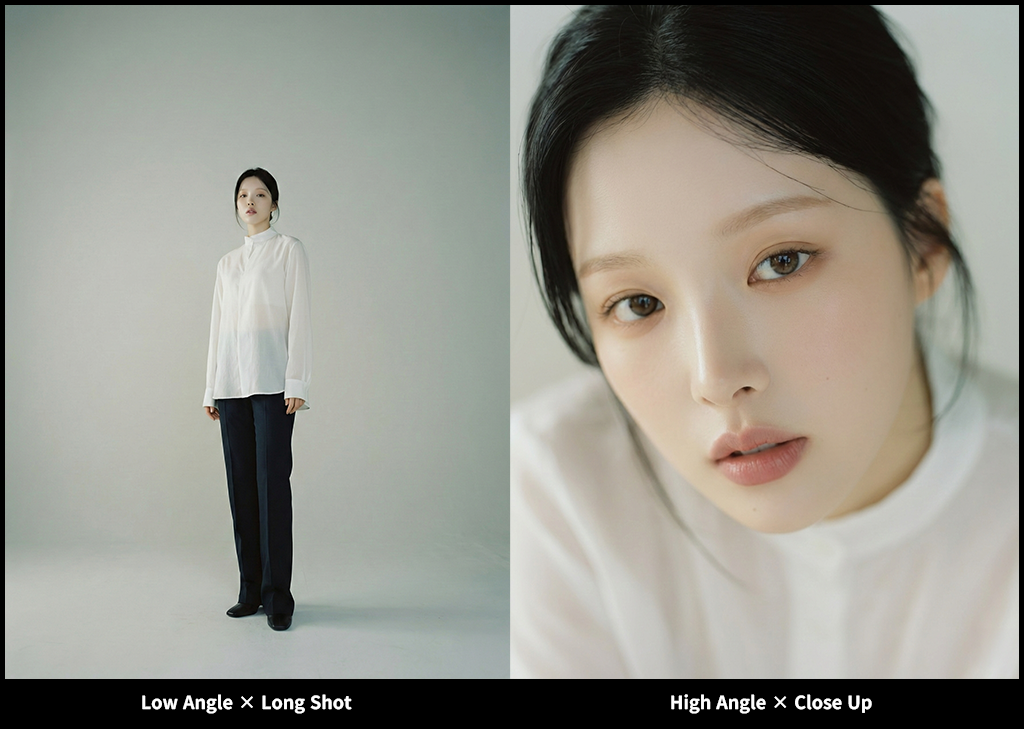 Low Angle Long Shot과 High Angle Close-up 조합을 비교한 이미지_Nano Banana