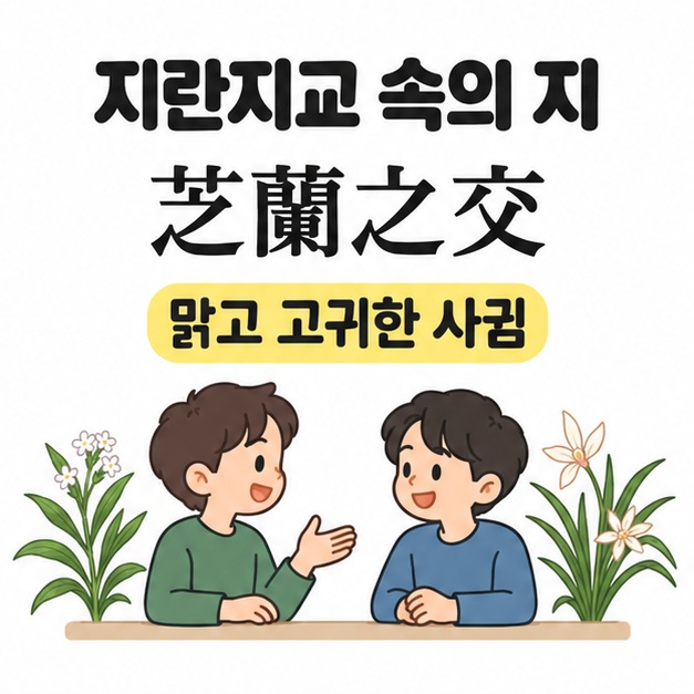 지란지교의 한자 芝蘭之交와 맑고 고귀한 사귐이라는 설명 아래 식물을 곁에 두고 대화하는 두 친구