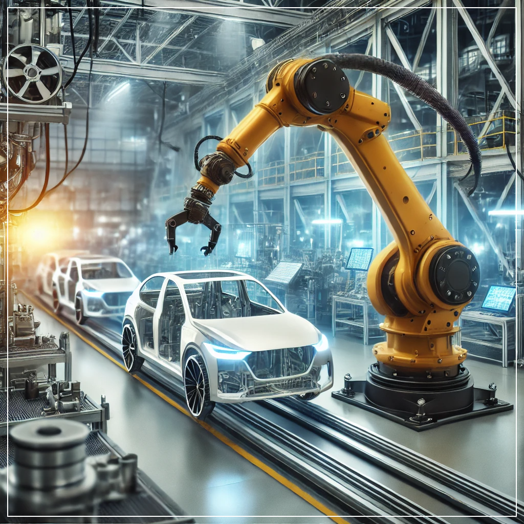 최신 산업용 로봇 팔이 자동차를 조립하는 스마트 제조 공장의 모습.