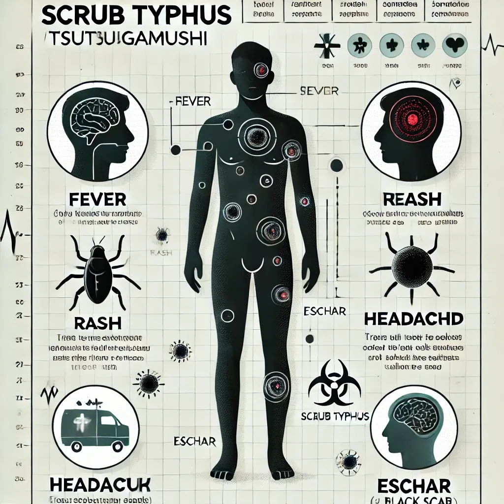 주요 증상(발열&amp;#44; 발진&amp;#44; 두통&amp;#44; 가피)을 나타낸 인포그래픽