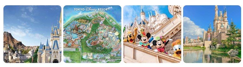 도쿄 디즈니랜드의 테마파크 지도와 캐릭터, 신데렐라 성 등 주요 명소 모습