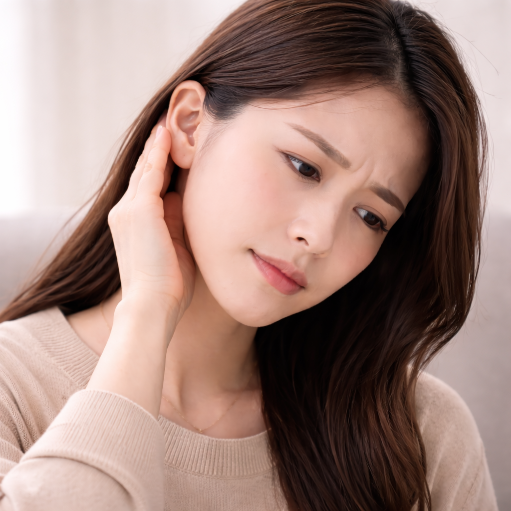 외이도염으로 귀가 먹먹하고 덜 들리는 느낌을 표현한 이미지