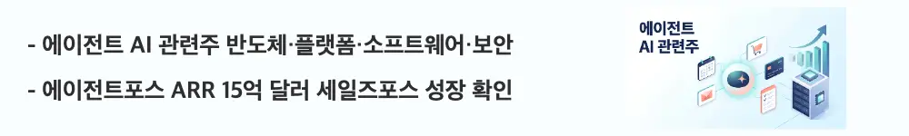 에이전트 AI 관련주: '에이전트 AI 관련주 반도체&middot;플랫폼&middot;소프트웨어&middot;보안 / 에이전트포스 ARR 15억 달러 세일즈포스 성장 확인'이라는 문구가 포함된 웹배너 이미지. 이 이미지는 반도체&middot;플랫폼&middot;기업용 소프트웨어&middot;보안으로 나눈 에이전트 AI 관련주 지도와 대표 종목 실적을 시각적으로 전달하며, 블로그의 에이전트 AI 대장주와 관련된 내용을 설명함