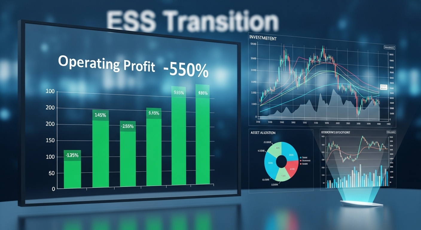 투자 차트와 그래프 이미지, 배경에 '영업익 50%', 'ESS 전환' 텍스트 표시