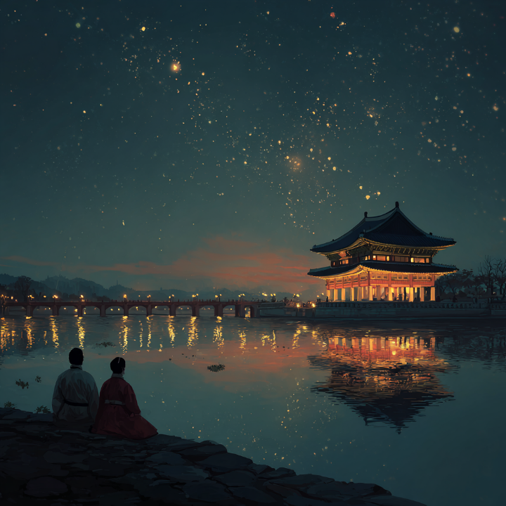 안동 월영교의 아름다운 야경을 바라보는 커플