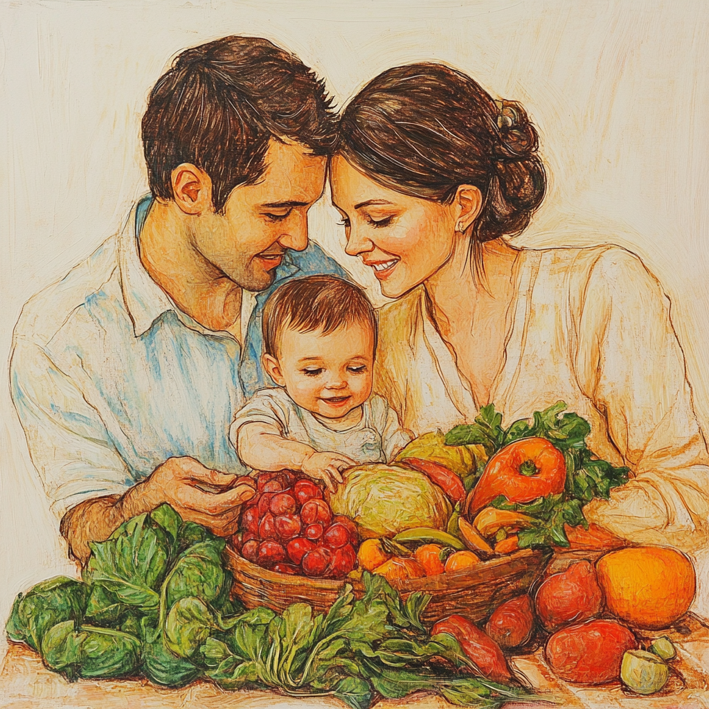 부부와 아기가 신선한 야채를 보고 있는 사진