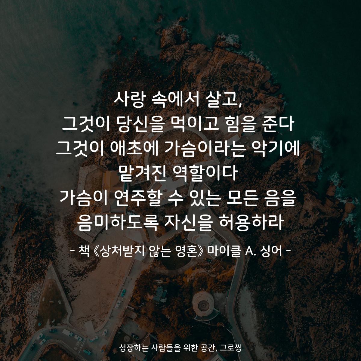 사랑 속에서 살고,
그것이 당신을 먹이고 힘을 준다
그것이 애초에 가슴이라는 악기에
맡겨진 역할이다
가슴이 연주할 수 있는 모든 음을
음미하도록 자신을 허용하라