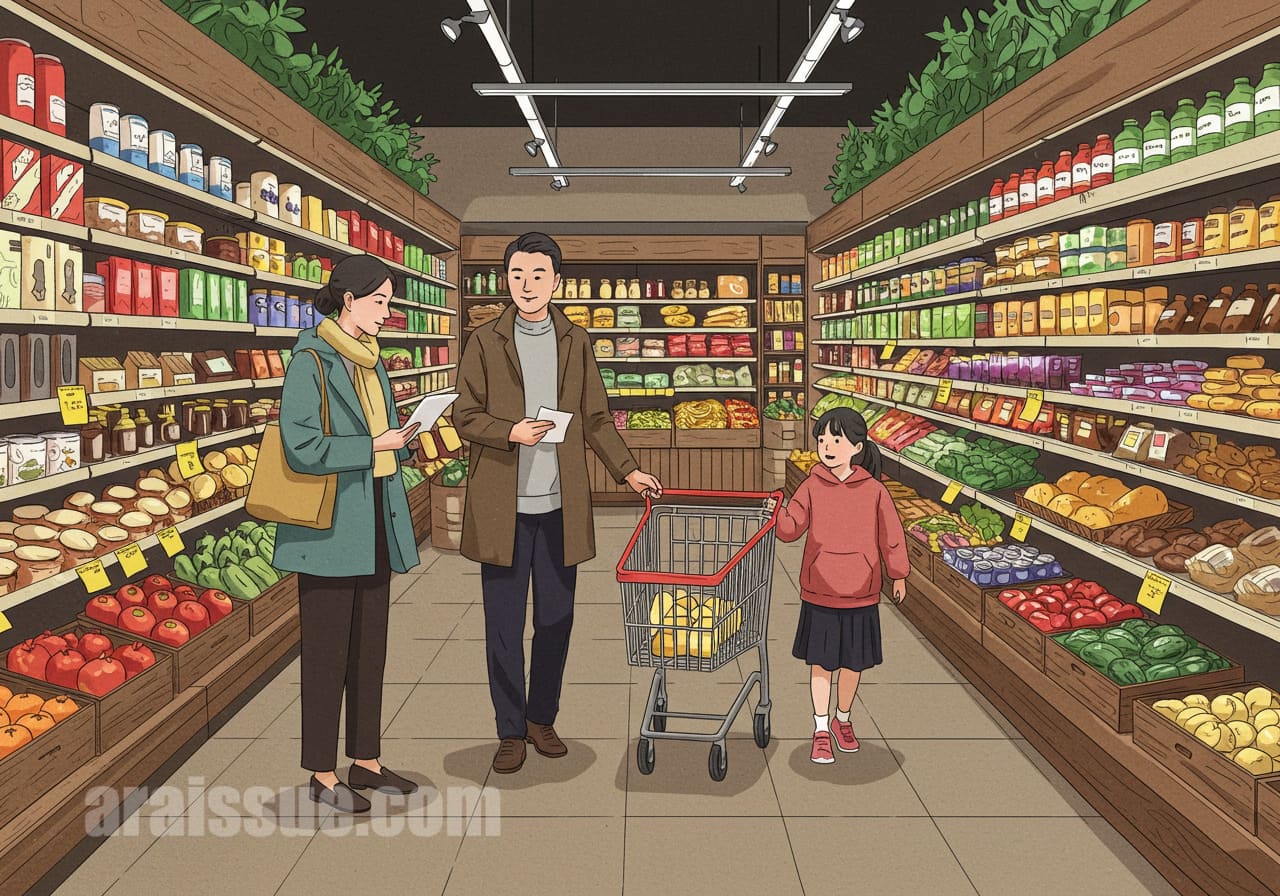 한국인 가족이 현대적인 슈퍼마켓에서 건강식품을 구매하는 장면입니다. 바우처 혜택을 통해 더 나은 건강한 생활을 위한 소비를 나타냅니다.