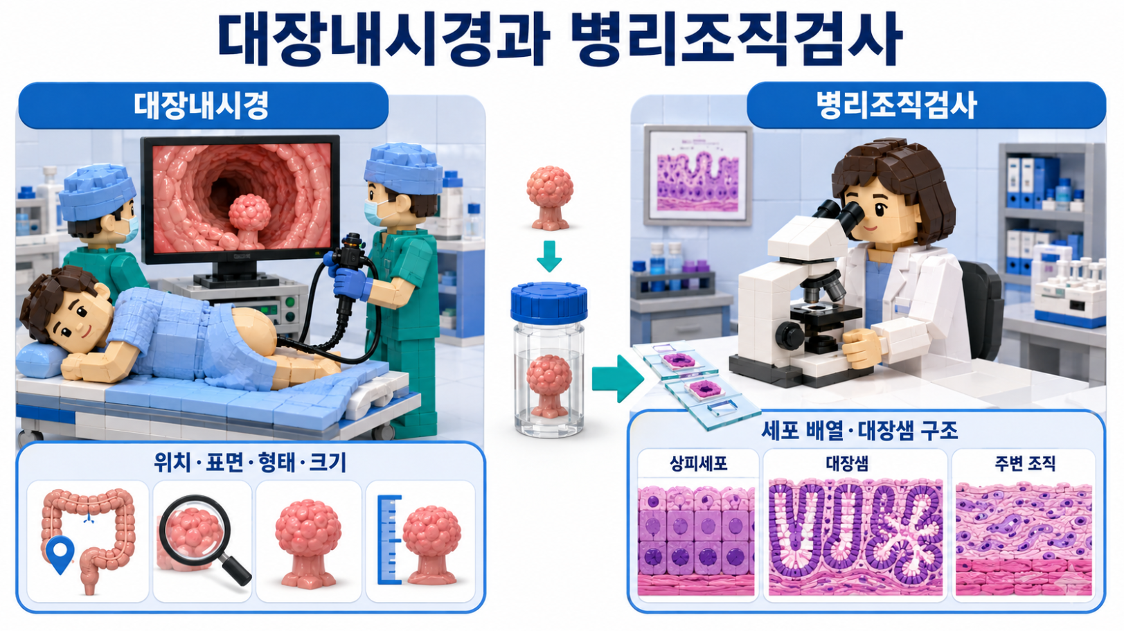 대장내시경이 용종의 위치·표면·형태·크기를 관찰하고 병리조직검사가 세포 배열과 대장샘 구조를 판독하는 비교
