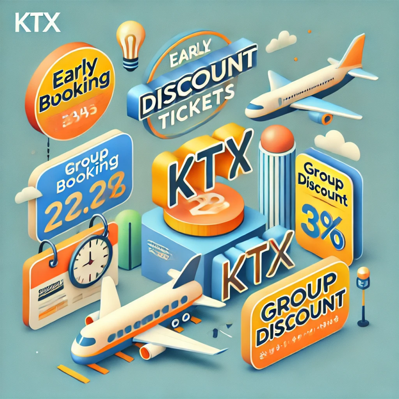 KTX 티켓 조기 예약 및 단체 할인 혜택을 홍보하는 그래픽.