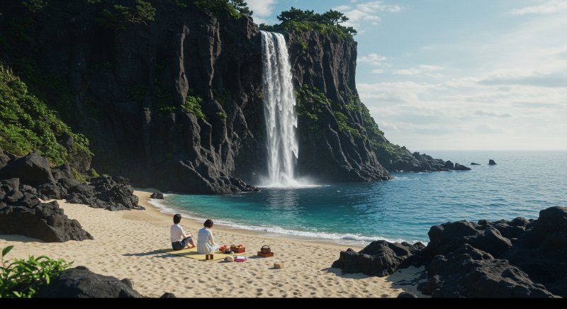소정방 폭포 옆 한적한 해안에서 피크닉을 즐기는 한국인 커플