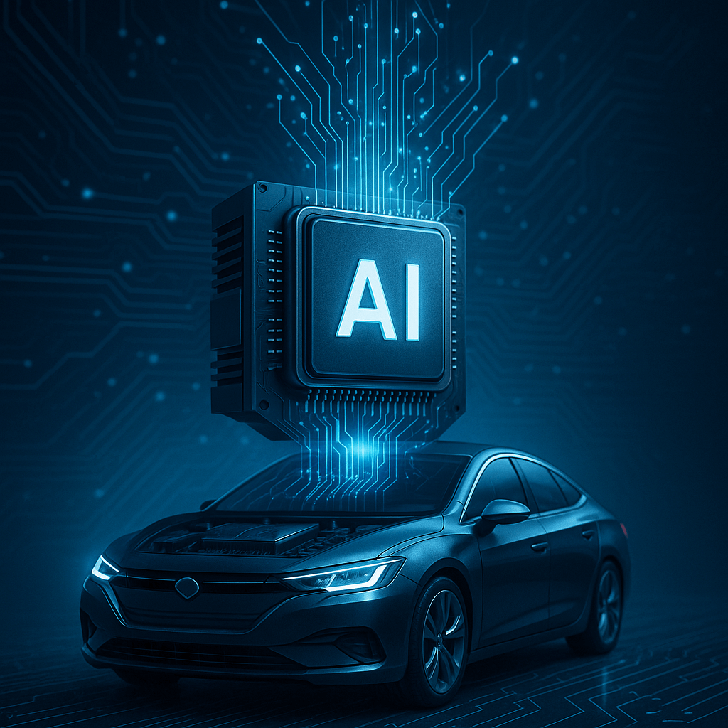 차량 위로 디지털 신호( 인공지능, 데이터 흐름)가 시각화되어 강조,자율주행차 내부의 전자 제어 유닛(ECU)이나 컴퓨팅 칩이 클로즈업된 모습