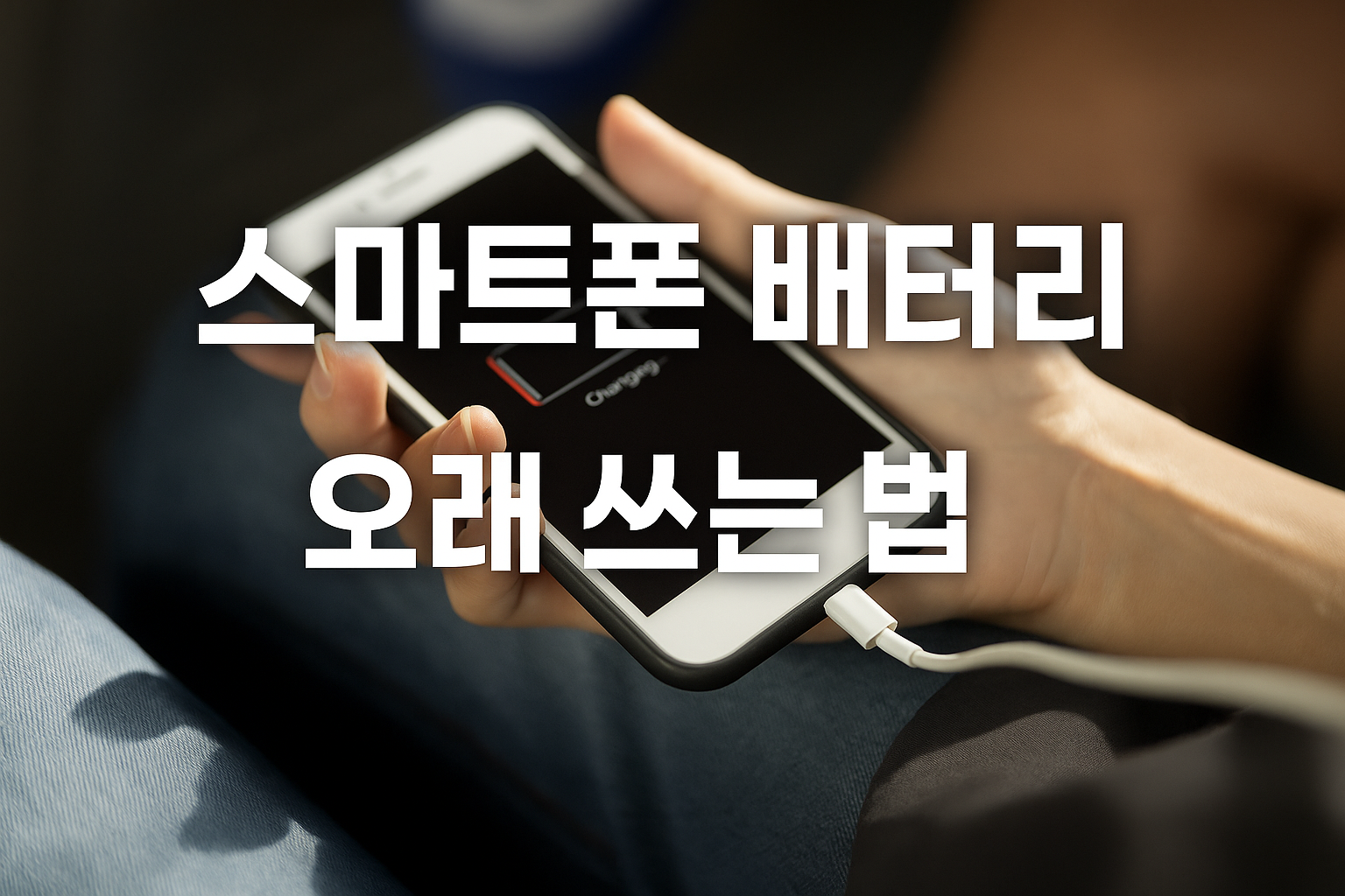 충전 중인 스마트폰을 손에 들고 있는 모습