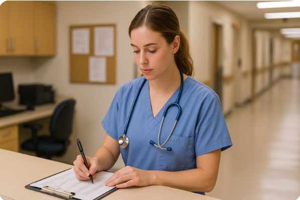 신규 간호사 인계 정리하는 모습