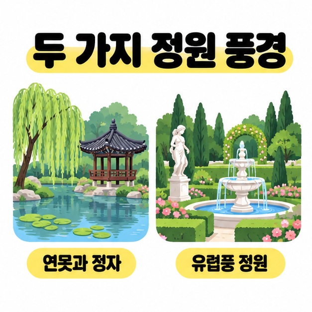 연못과 한국식 정자 풍경을 조각상과 분수가 있는 유럽풍 정원과 비교한 삽화