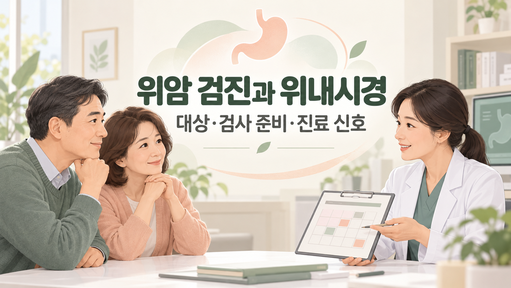 상담실에서 중년 부부가 의료진과 위암 검진 및 위내시경 일정을 상의하는 모습.