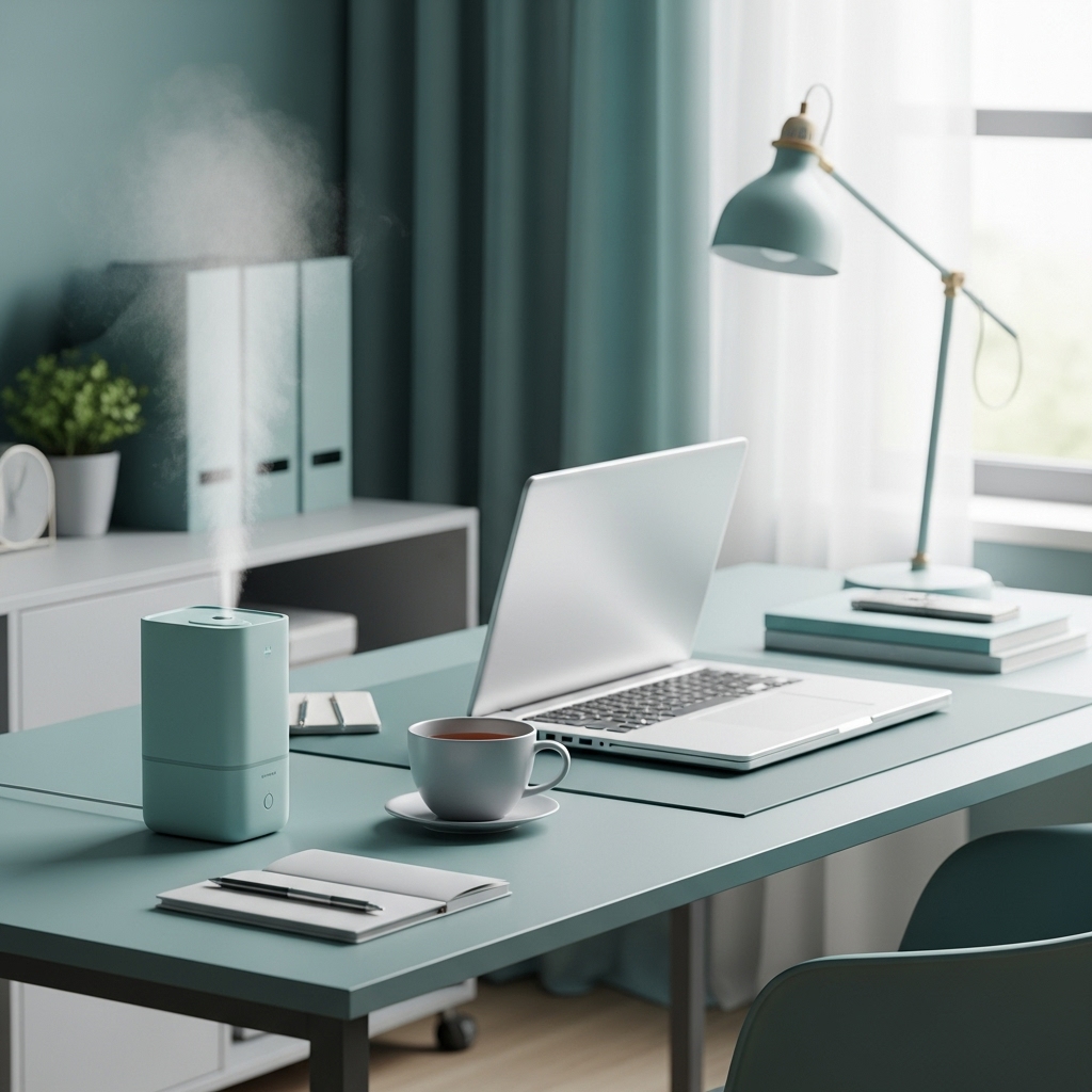 2025년 겨울, 따뜻한 차와 함께 촉촉한 미스트를 내뿜는 세련된 미니 가습기가 놓인 깔끔한 사무실 책상.
