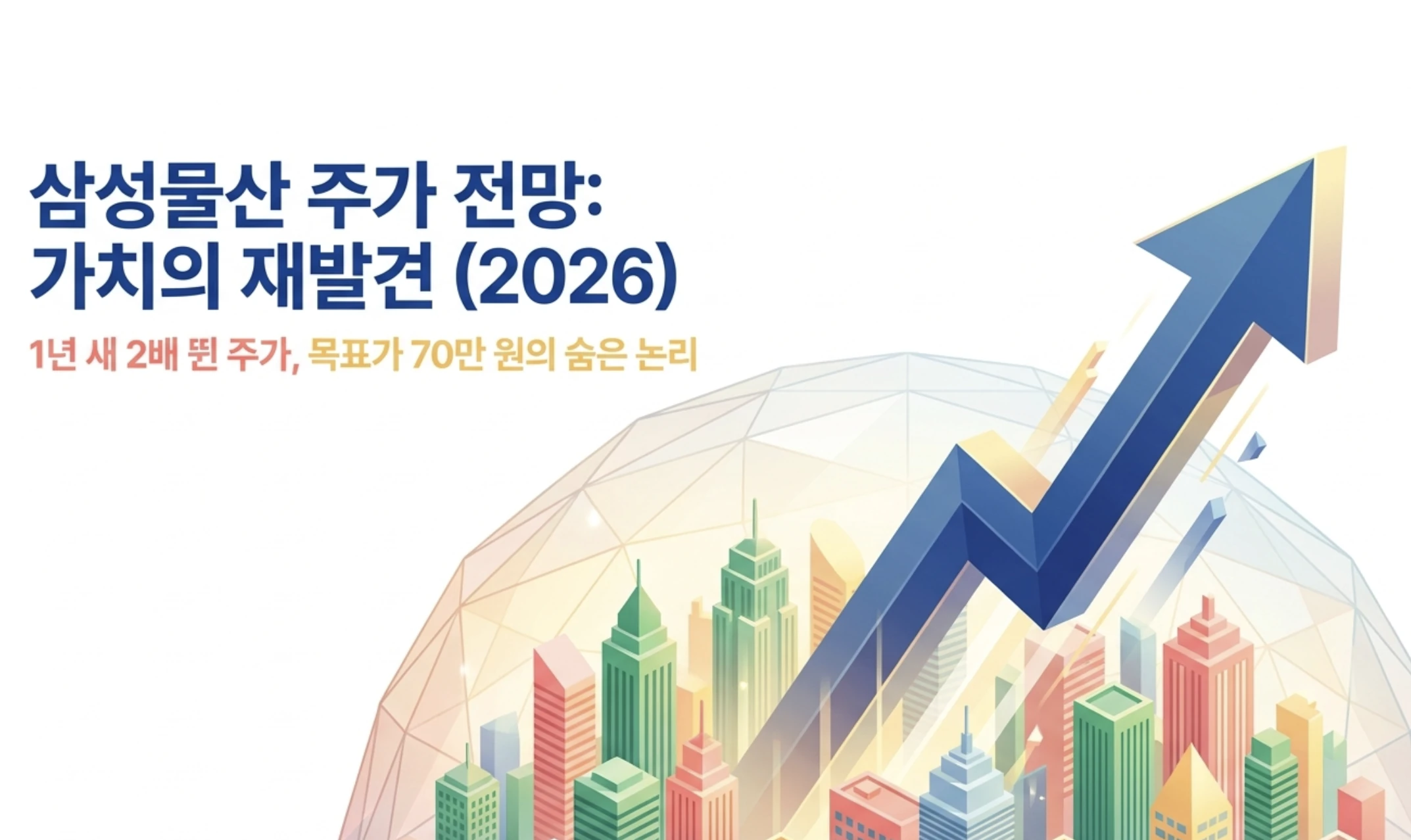삼성물산 주가 전망 가치의 재발견 2026이라는 제목과 1년 새 2배 뛴 주가, 목표가 70만 원의 숨은 논리 문구가 담긴 대표 이미지. 상승하는 파란 화살표와 도시 빌딩숲을 배경으로, 삼성전자 배당의 재배당 구조와 계열사 지분가치 NAV 재평가로 삼성물산 주가가 재평가받는 흐름을 시각적으로 전달하며, 블로그의 삼성물산 주가 전망 분석 주제를 설명함