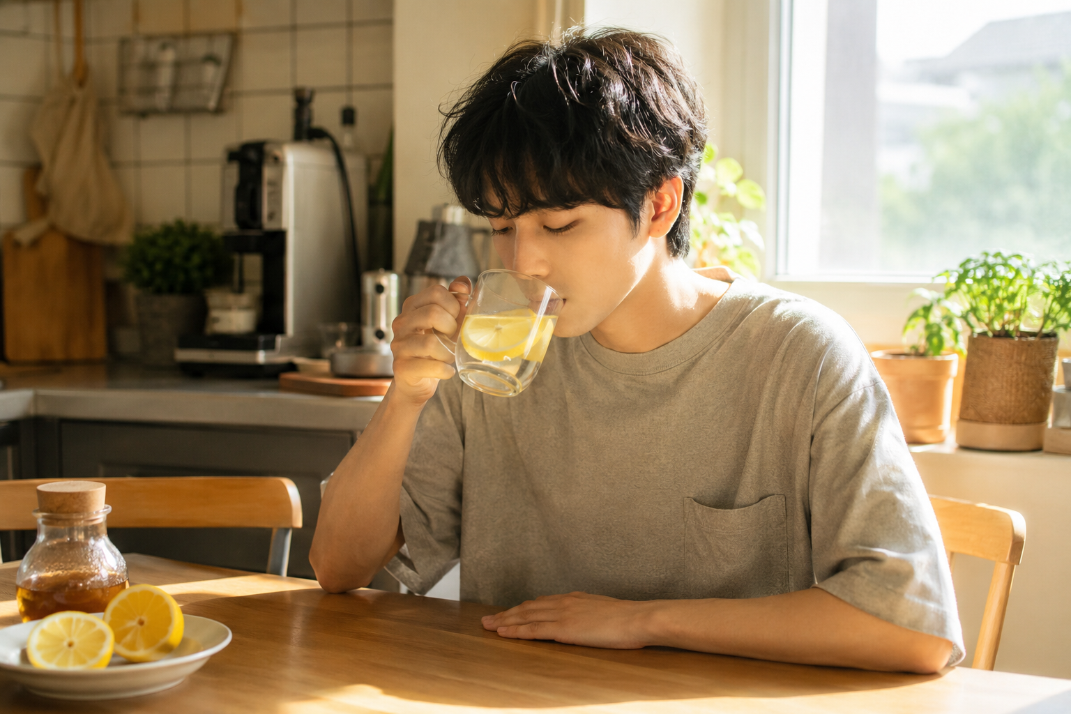 건강한 아침 루틴으로 미온수와 레몬수를 마시는 1인 가구 청년의 일상