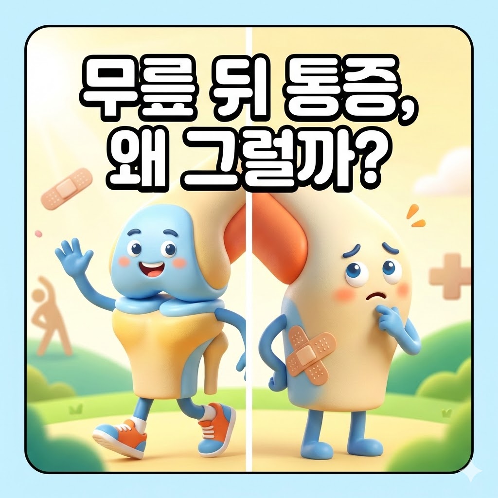 무릎 뒤쪽 통증 원인을 귀여운 캐릭터로 표현한 3D 카툰 일러스트. 한쪽은 건강하고 다른 한쪽은 반창고를 붙인 무릎 캐릭터.
