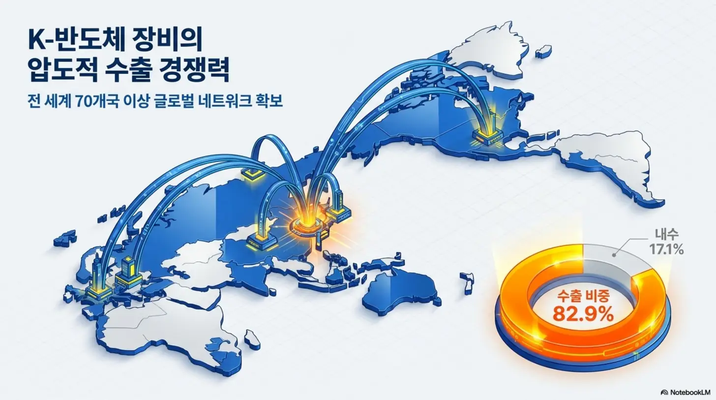피에스케이홀딩스 주가 전망: 피에스케이홀딩스의 반도체 장비 수출 경쟁력을 세계지도 네트워크로 표현한 웹배너 이미지. 전 세계 70개국 이상 글로벌 공급망과 수출 비중 82.9퍼센트, 내수 17.1퍼센트가 도넛 차트로 함께 표시됨. 해외 매출 비중이 높은 K-반도체 후공정 장비 기업이라는 점을 시각적으로 전달하며, 블로그의 사업 구조와 수출 경쟁력 주제를 설명함