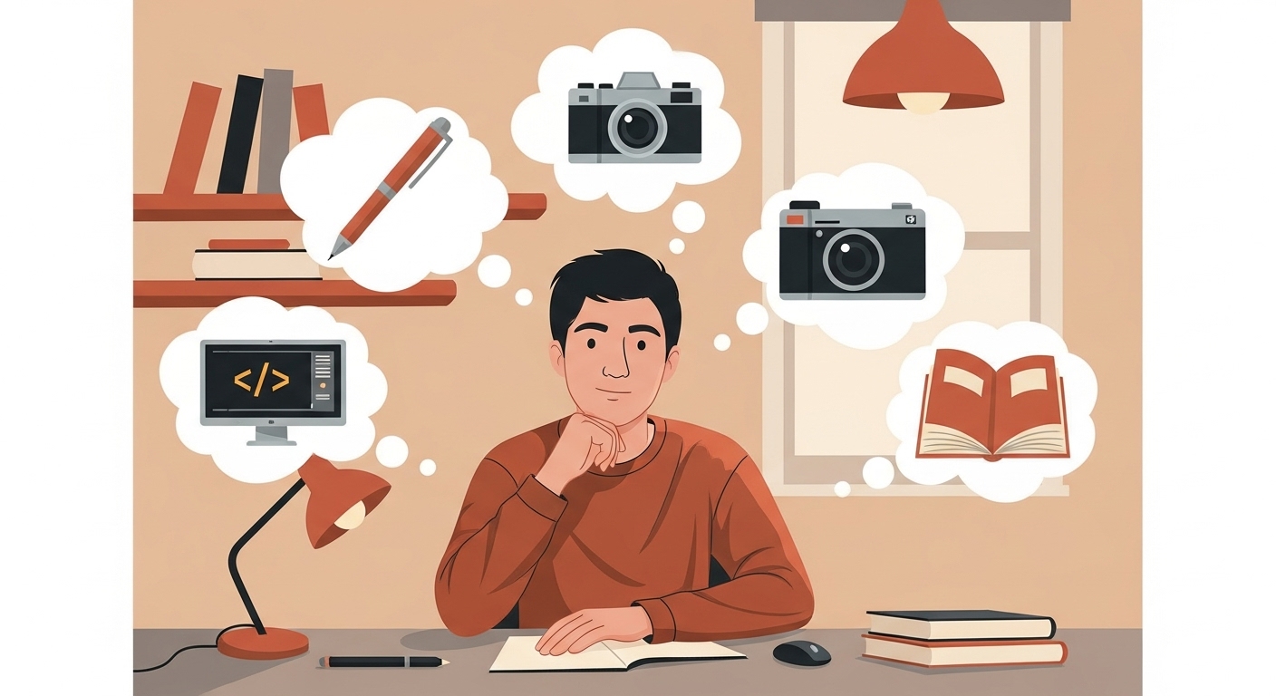 자신의 강점과 열정을 탐색하며 N잡 아이디어를 구상하는 사람의 모습