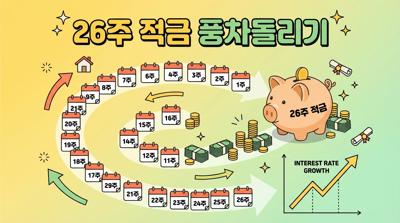 26주 저축 계획 일러스트레이션, 점진적 저축 개념, 주간 증액 입금 시각화, 동전이 점점 커지는 저금통, 26주를 표시하는 달력, 금리 성장 차트가 있는 활기찬 재무 설계 디자인