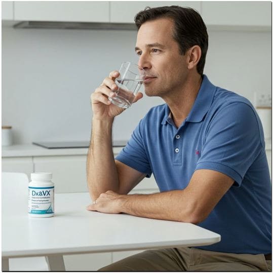 덱스벡스 혈행케어 복용법과 주의사항, 덱스벡스 혈행케어 복용하는 중년 남성 사진