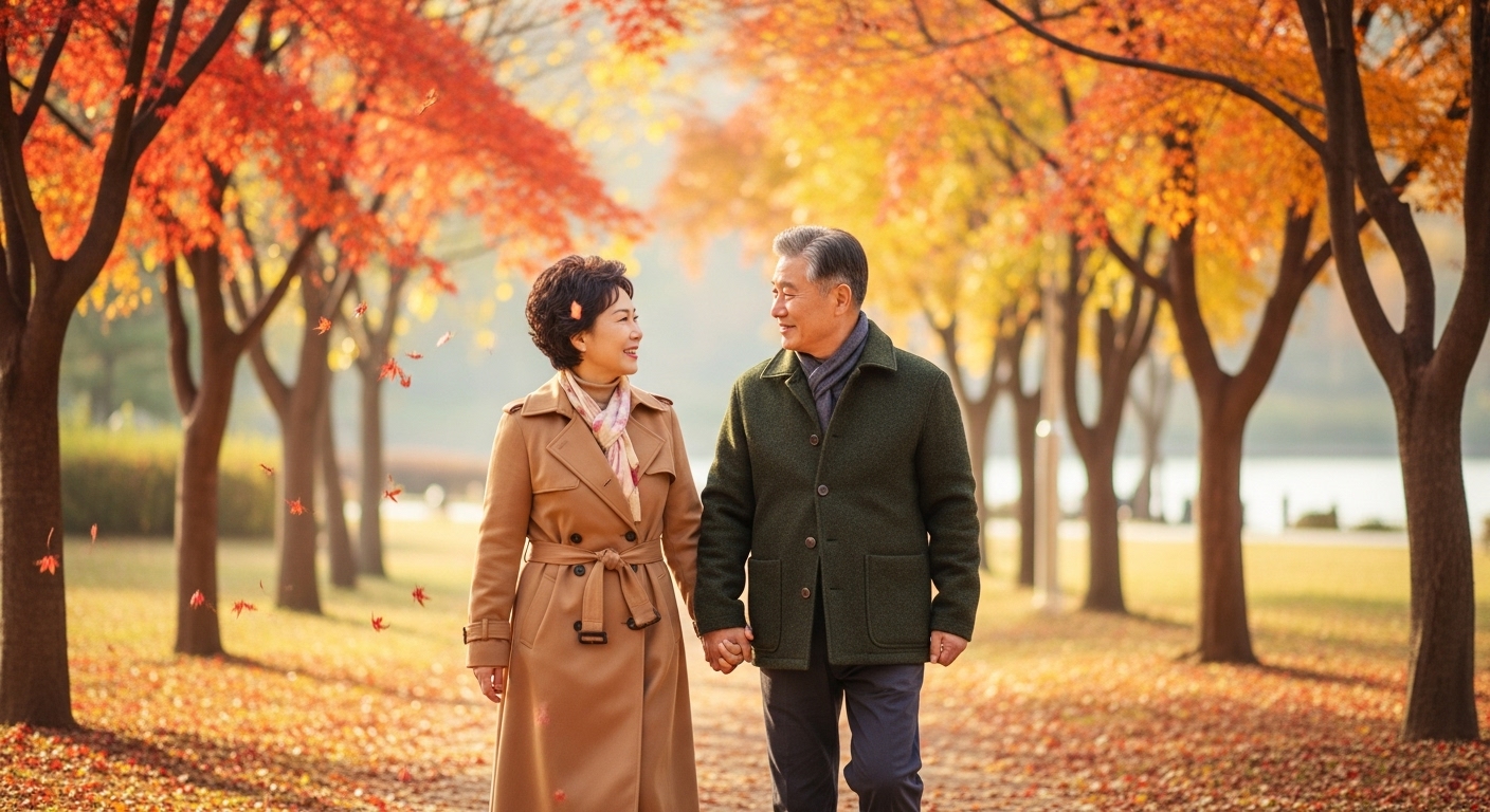 공원에서 따뜻하게 손을 잡고 행복하게 미소 짓는 노년기 한국인 부부, 지혜로운 대화로 관계를 회복한 모습.