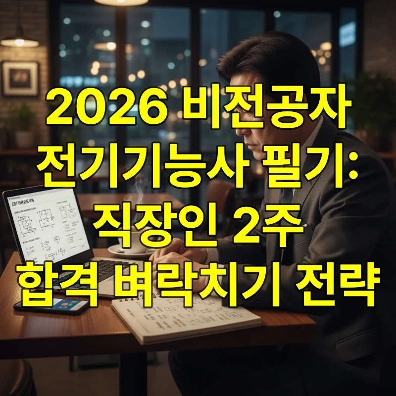 늦은 밤 카페에서 정장 차림의 직장인이 노트북으로 전기기능사 CBT 모의고사를 풀며 벼락치기 공부에 집중하고 있는 모습