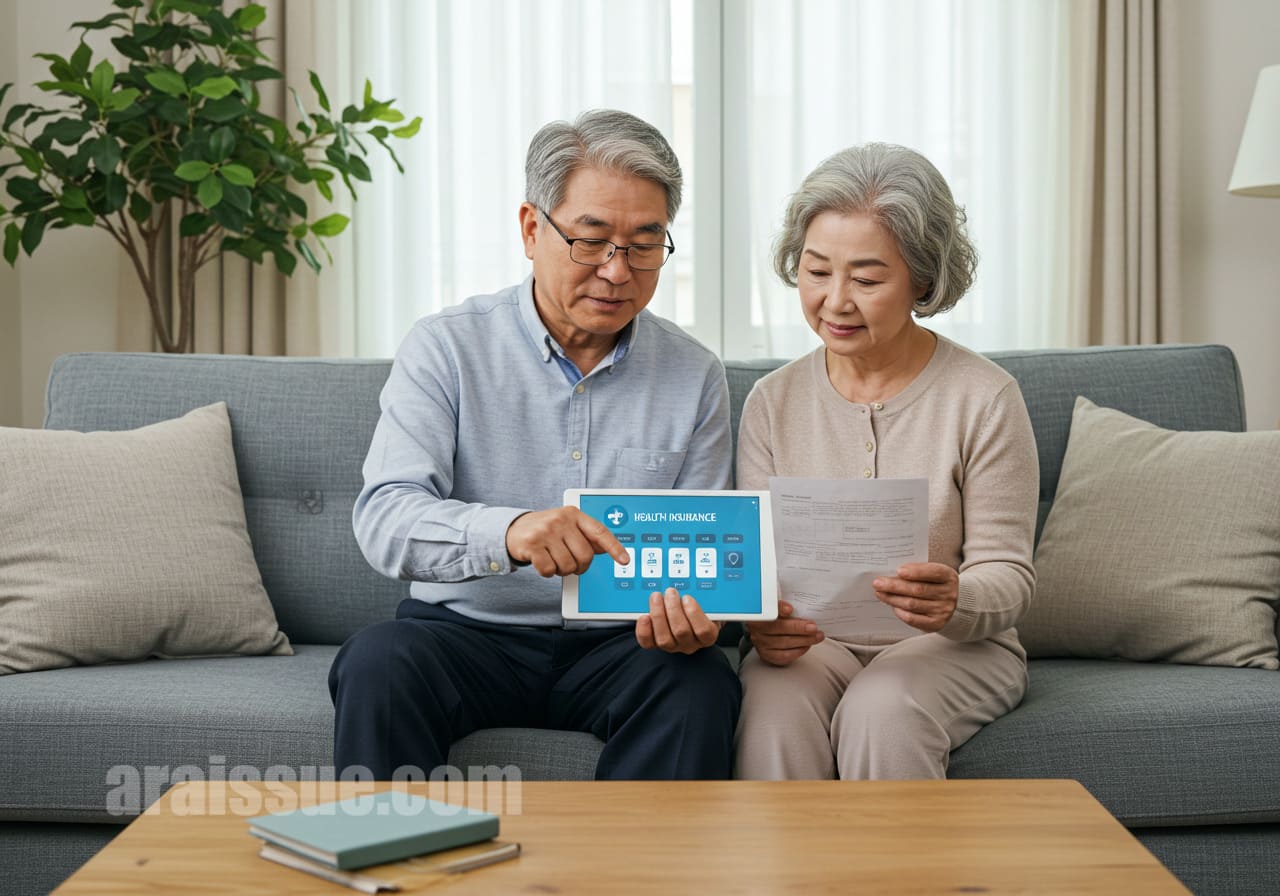 건강보험 앱을 이용해 요양비 청구 준비하는 60대 부부