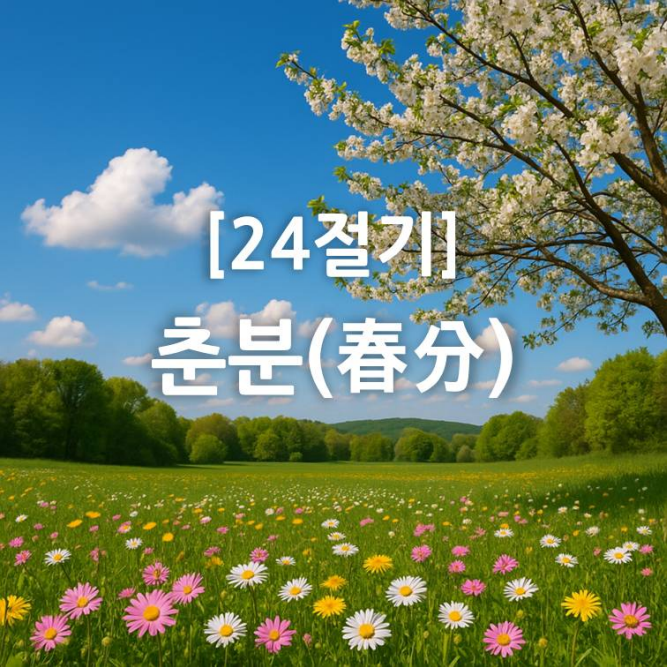 푸른 하늘과 초록 들판 위에 꽃들이 만개한 풍경. 오른쪽에는 봄꽃 핀 나무가 드리운 가운데, 중앙에는 '[24절기] 춘분(春分)'이라는 텍스트가 배치된 이미지