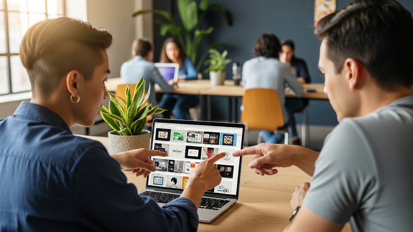 지원자의 잘 정돈된 노션 포트폴리오를 검토하며 긍정적인 인상을 받고 있는 한국인 채용 담당자